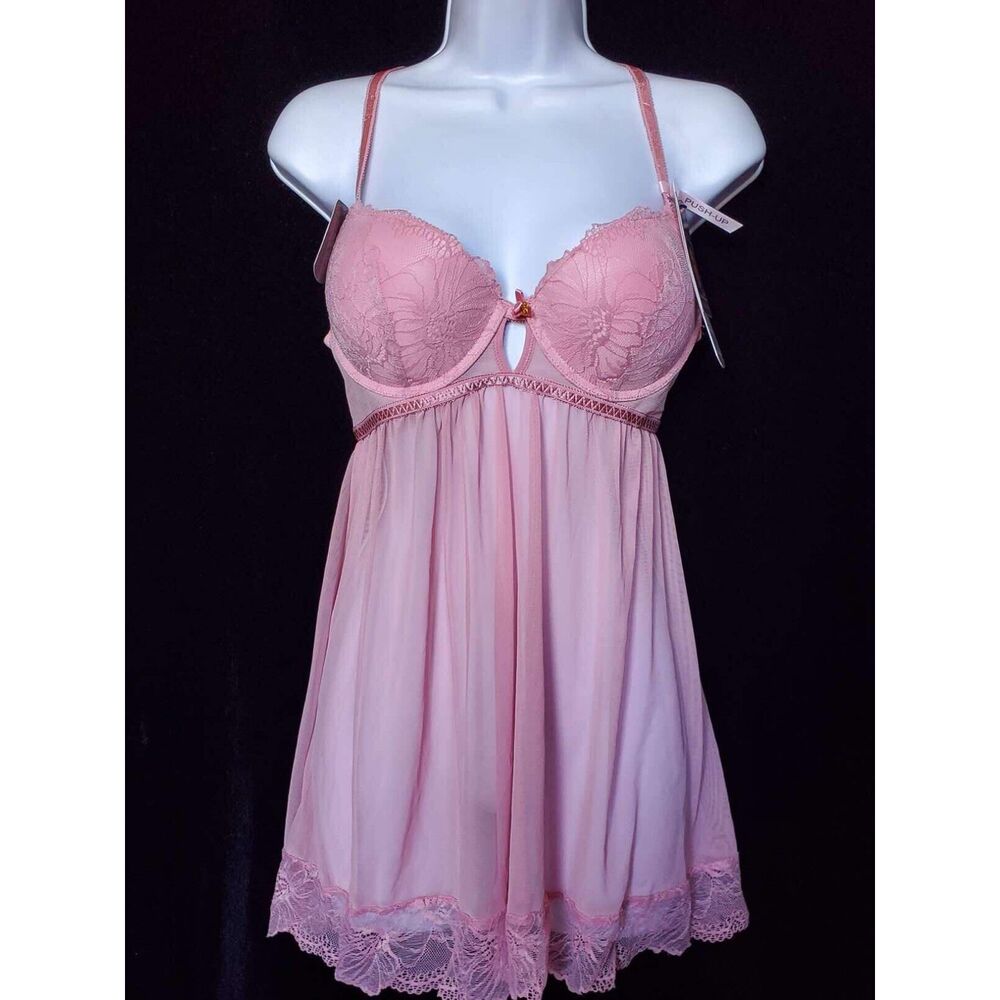 NWT Daisy Fuentes Intimates Pink Lace Overlay Babydoll, Size L - DF2304